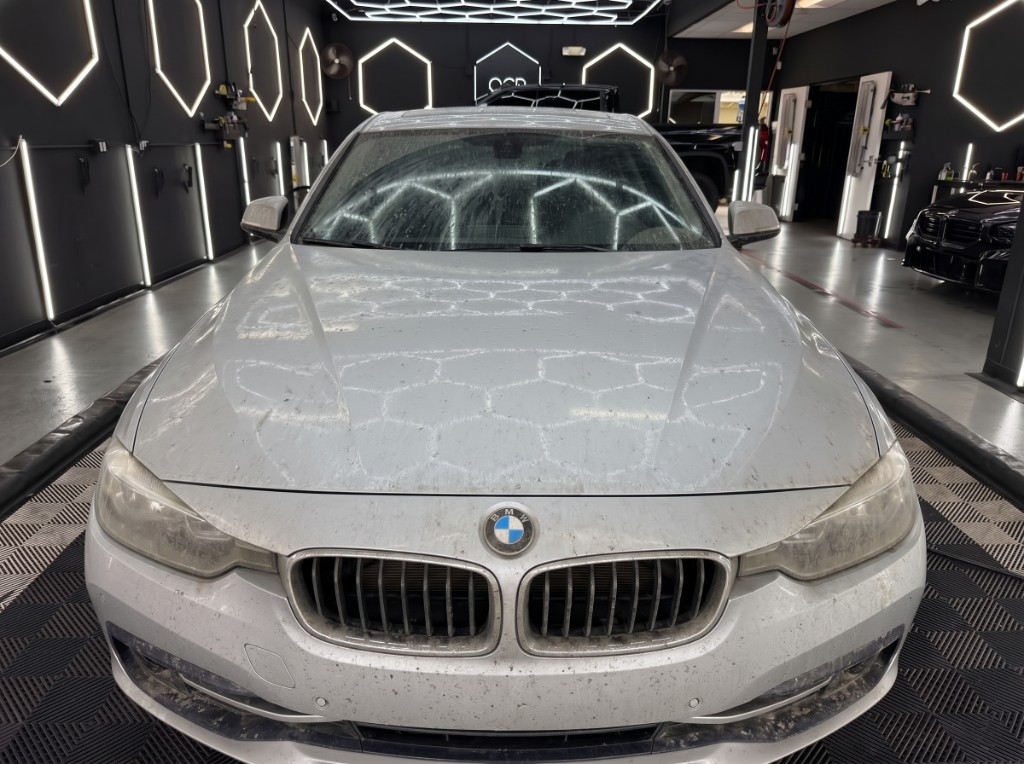 Before detail — dirty BMW hood and windshield before OCD treatment